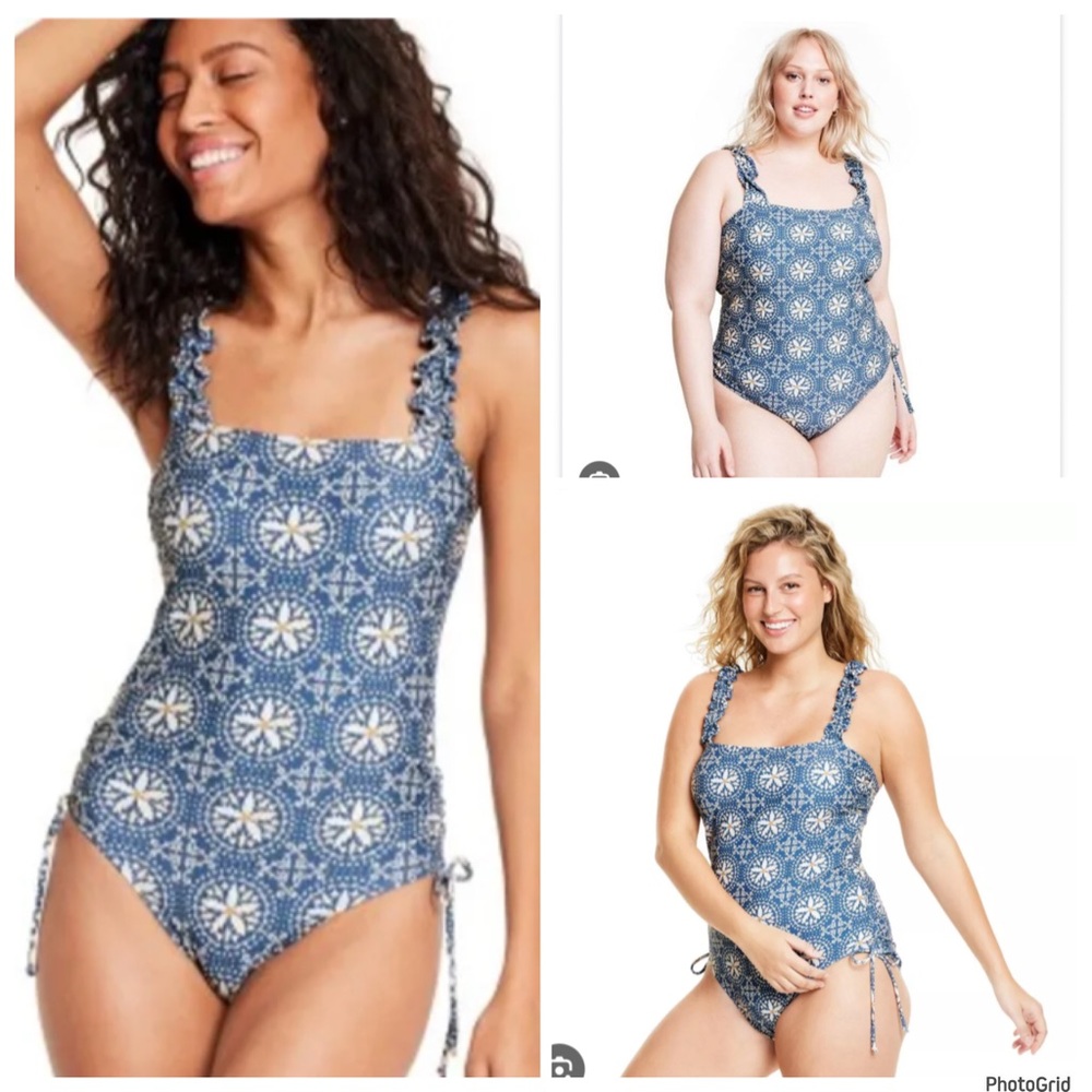 Aguabendita 3X plus size blue tile Ruffle sleeve one piece swimsuit NWT